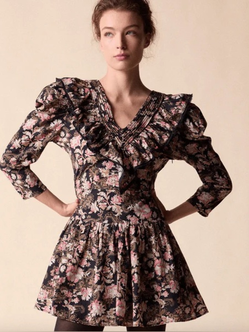 St. Roche Floral Ruffle Mini Dress in Black and Pink